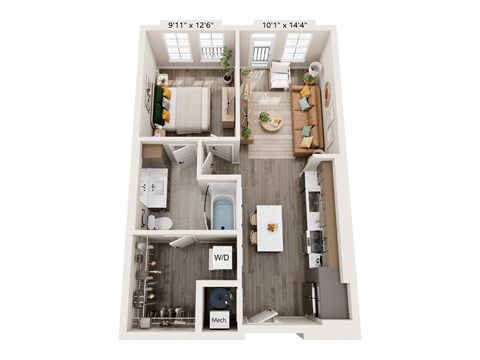 A floor plan of a small apartment with a kitchen, living room, and bathroom.